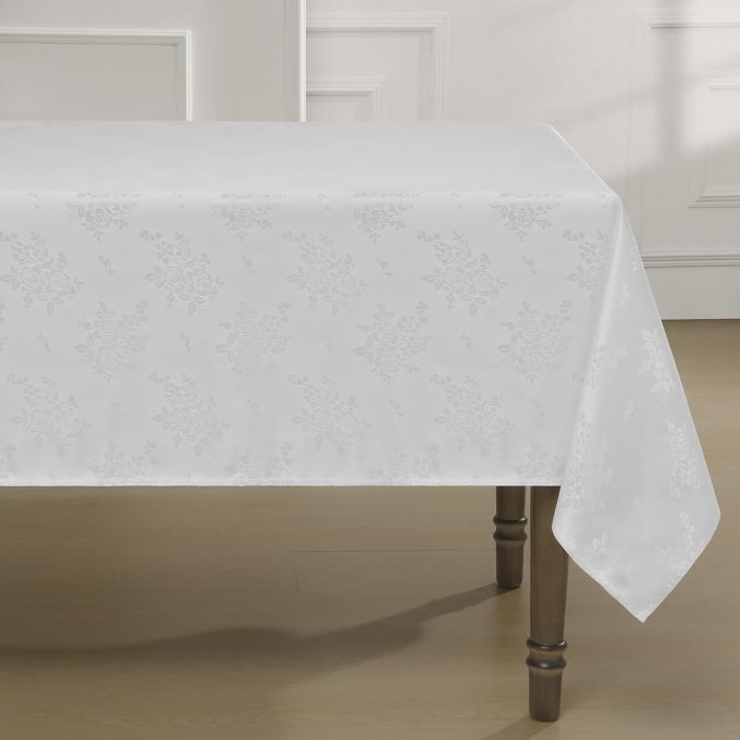 Jacquard Rectangle Tablecloth, Waterproof Elegant Damask Rose Floral Pattern Table Cloth, Washable Decorative Polyester Table Cover for Kitchen/Dining/Parties - White, 60 x 84 Inch